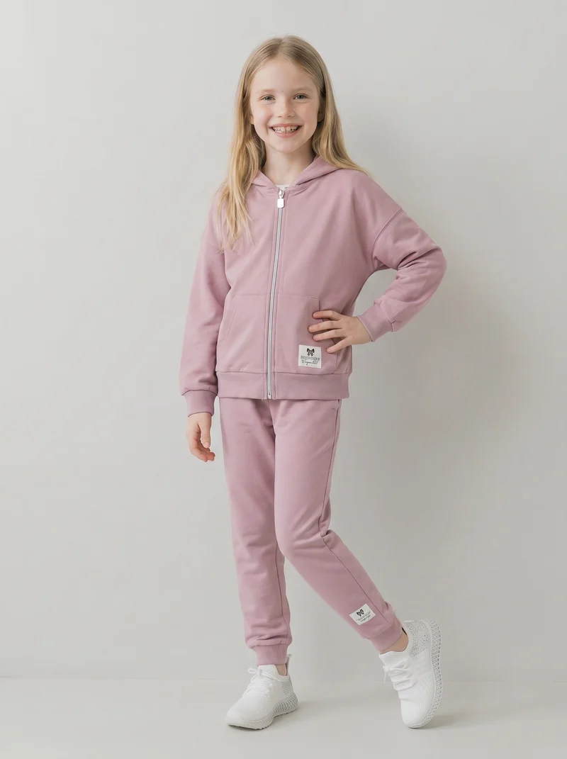 Felpa in french terry con zip e cappuccio - Rosa polvere