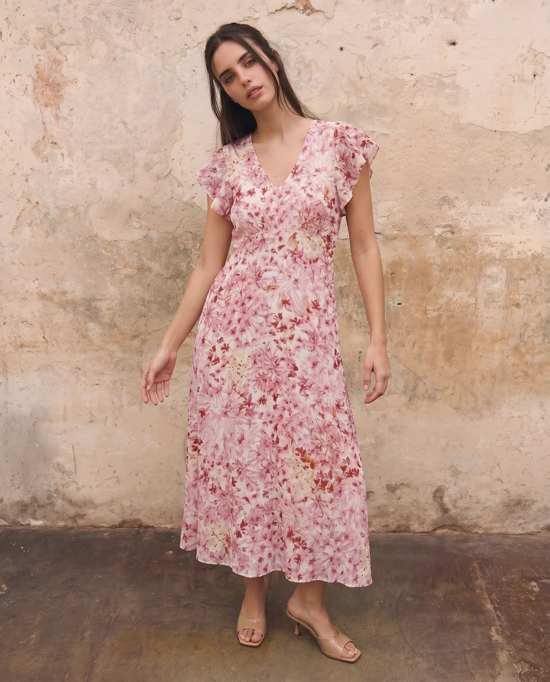 Vestito lungo con scollo a V e volant - var 1