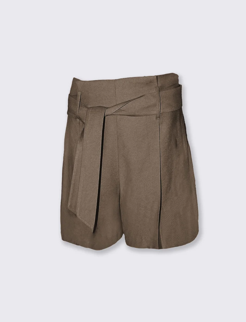 Pantaloncini in tessuto con pinches e cintura - Grigio fango