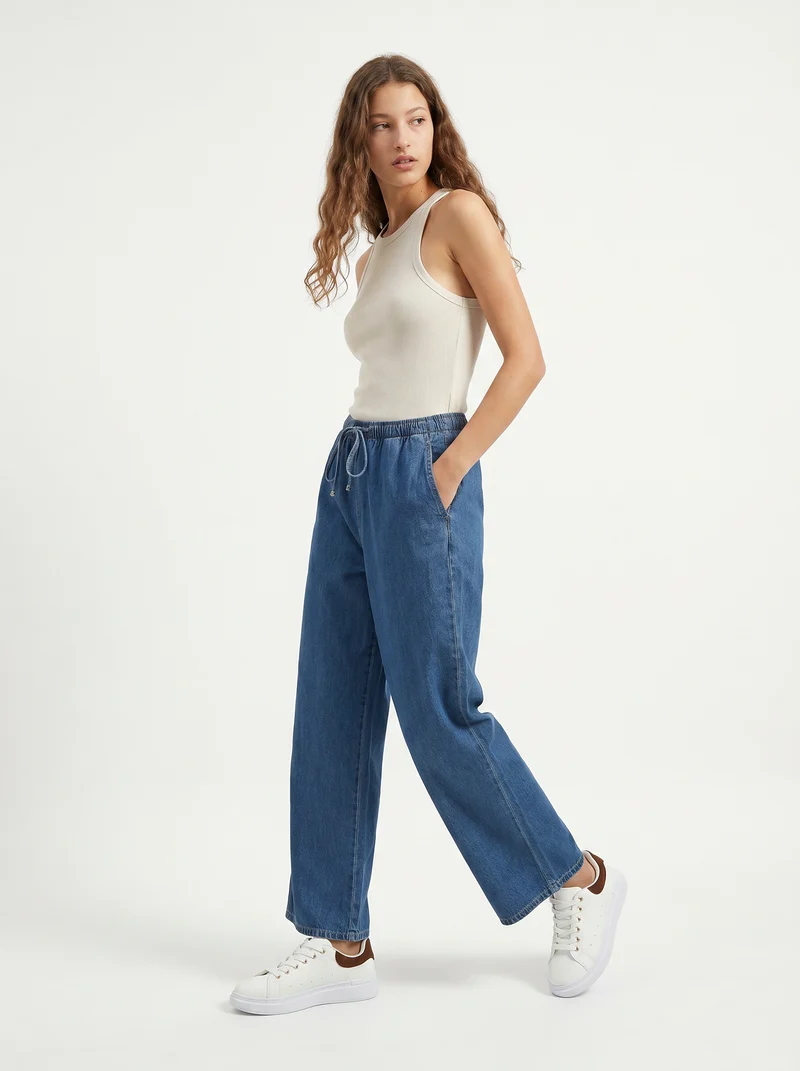 Pantalone jogger wide leg con tasche - Denim