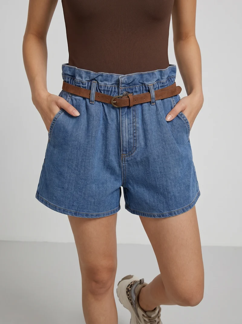 Short con rouches e cintura abbinata - Denim