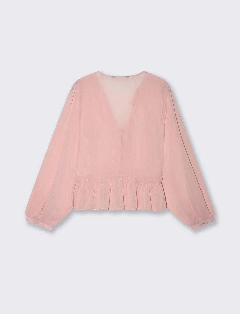 Camicia con scollo a V e volant - Rosa polvere