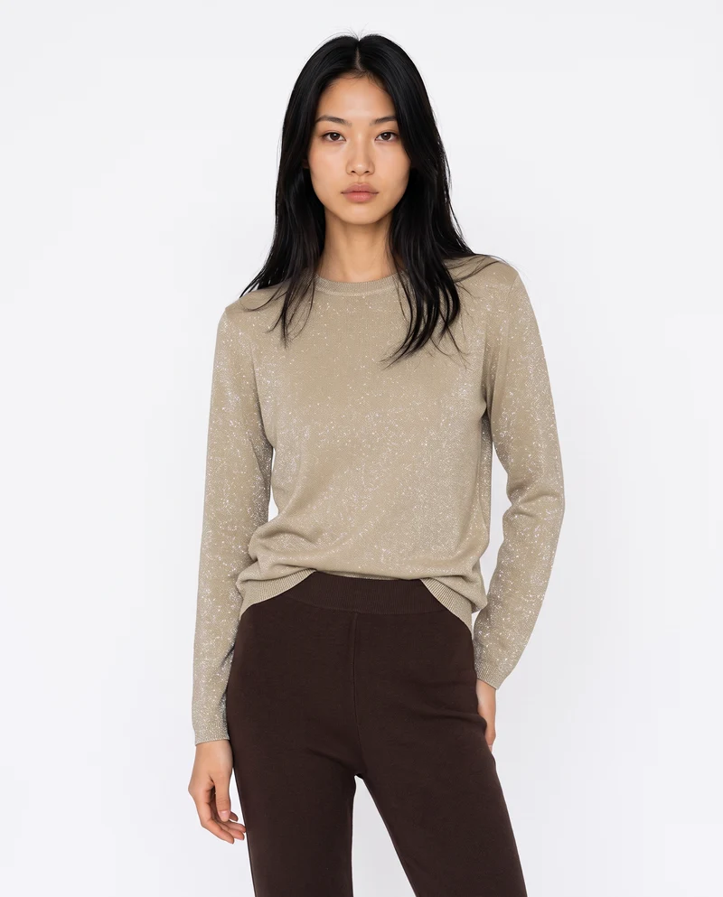 Maglia manica lunga lurex con collo paricollo - Beige