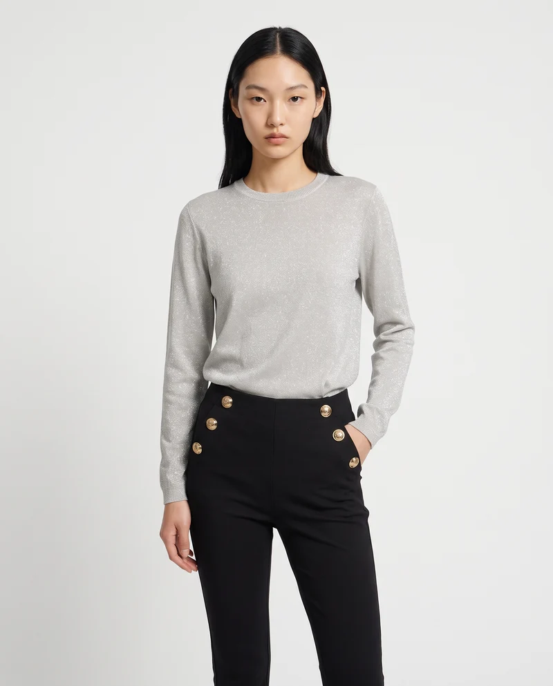 Maglia manica lunga lurex con collo paricollo - Avorio