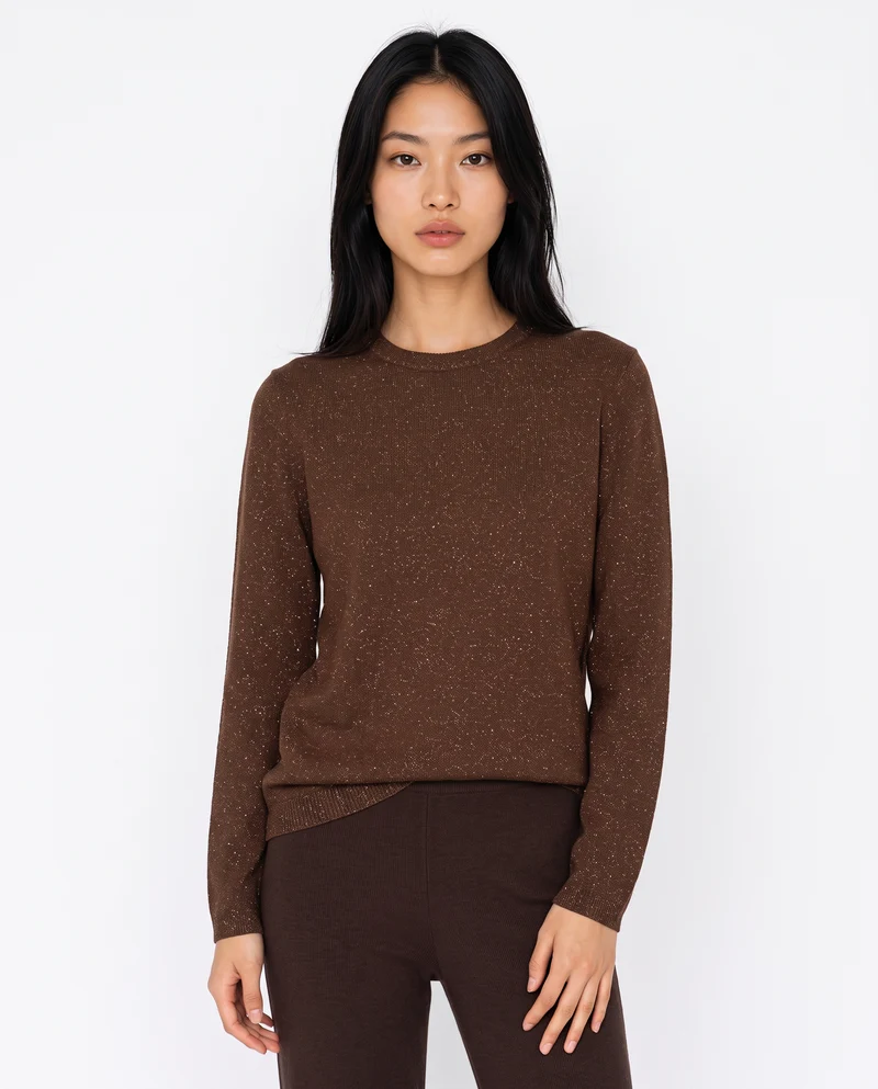 Maglia manica lunga lurex con collo paricollo - Marrone cioccolato