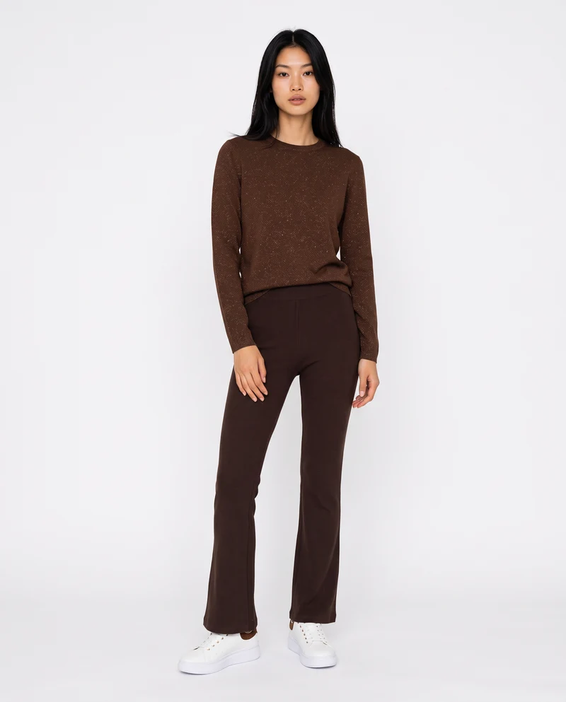 Maglia manica lunga lurex con collo paricollo - Marrone cioccolato