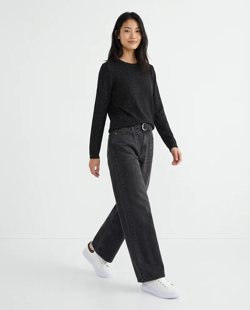 Maglia manica lunga lurex con collo paricollo - Nero