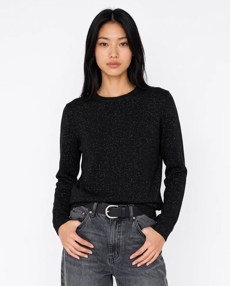 Maglia manica lunga lurex con collo paricollo - Nero