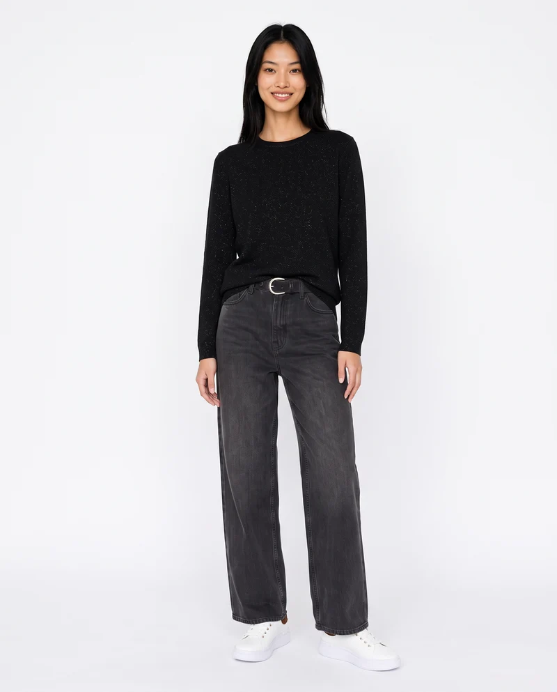 Maglia manica lunga lurex con collo paricollo - Nero