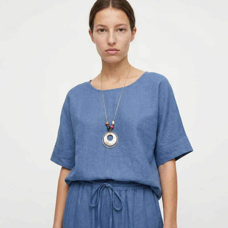 Blusa collo rotondo manica a tre quarti - Denim