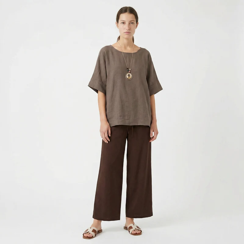 Blusa collo rotondo manica a tre quarti - Grigio fango