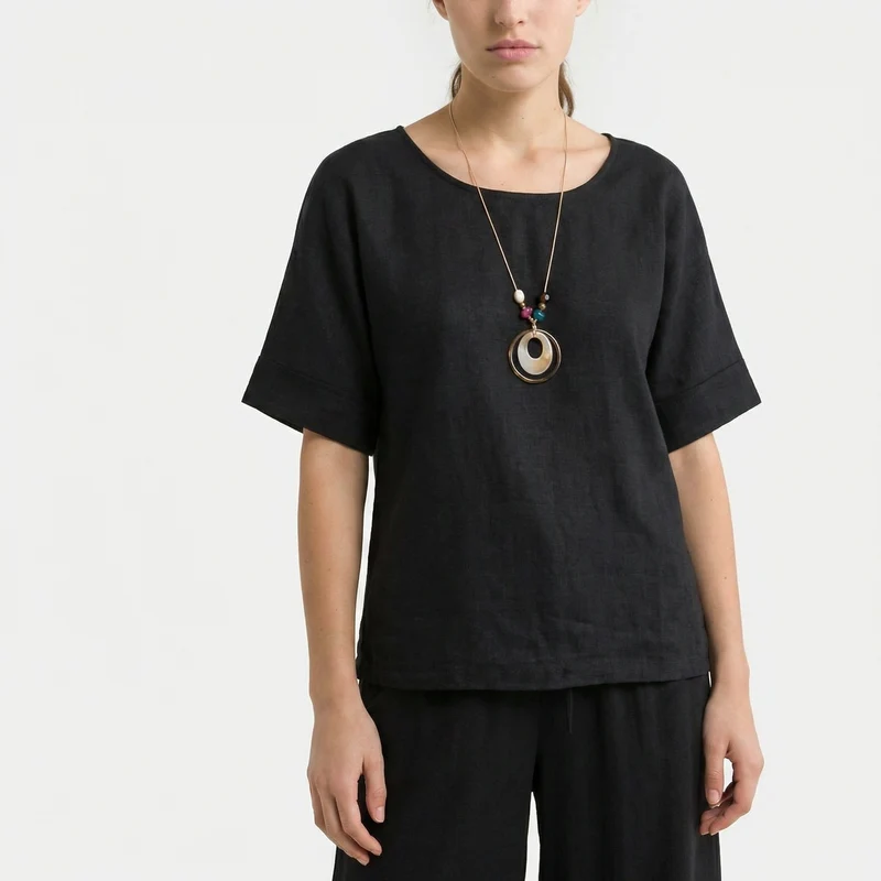 Blusa collo rotondo manica a tre quarti - Nero