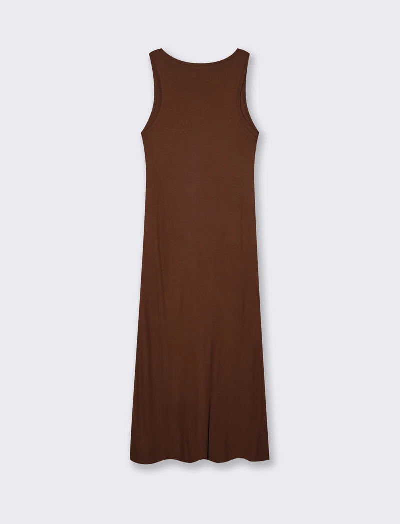 Vestito lungo a costine slim con scollo - Marrone cioccolato