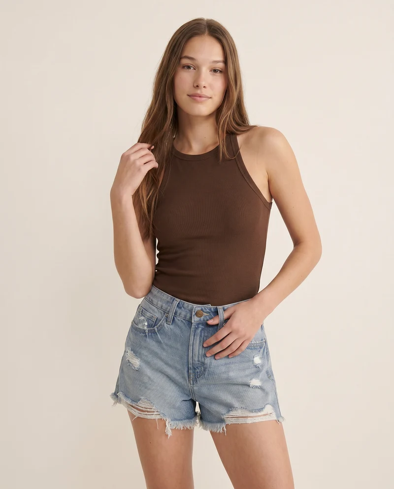 Top Basico a Costine con Bretelle Slim - Marrone cioccolato