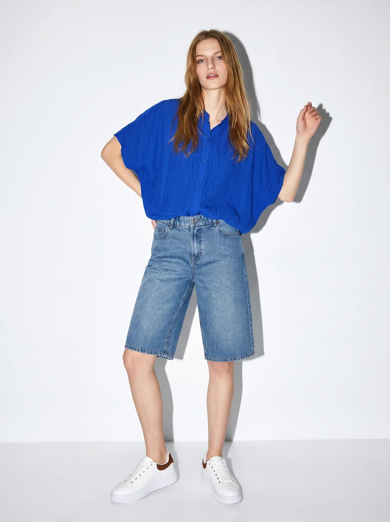 Camicia Kimono Smanicata con Pieghine - Azzurro