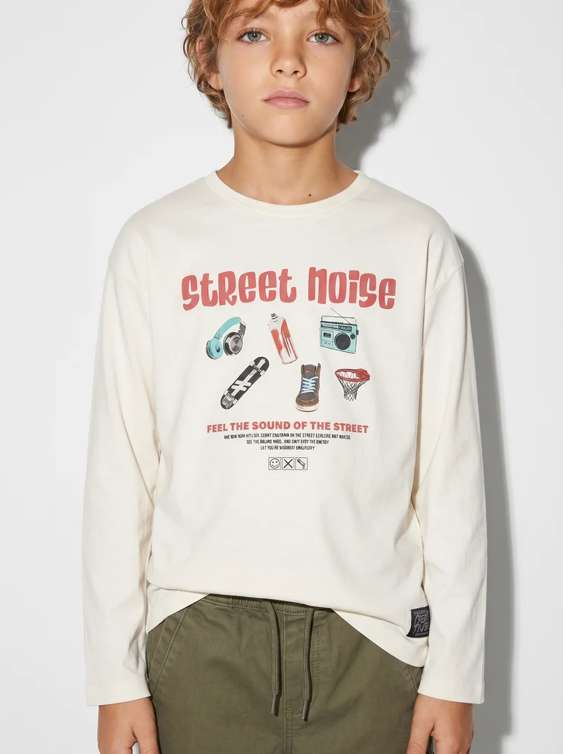 T-shirt in cotone e jersey con stampa - Bianco latte