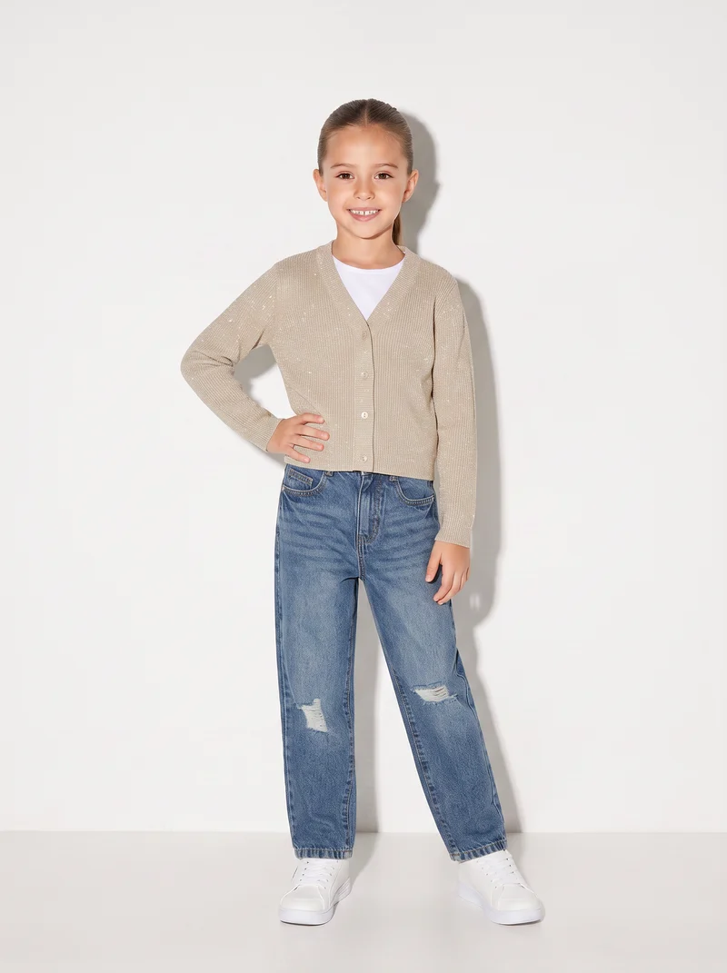 Cardigan metallizzato da bambina scollo V - Beige