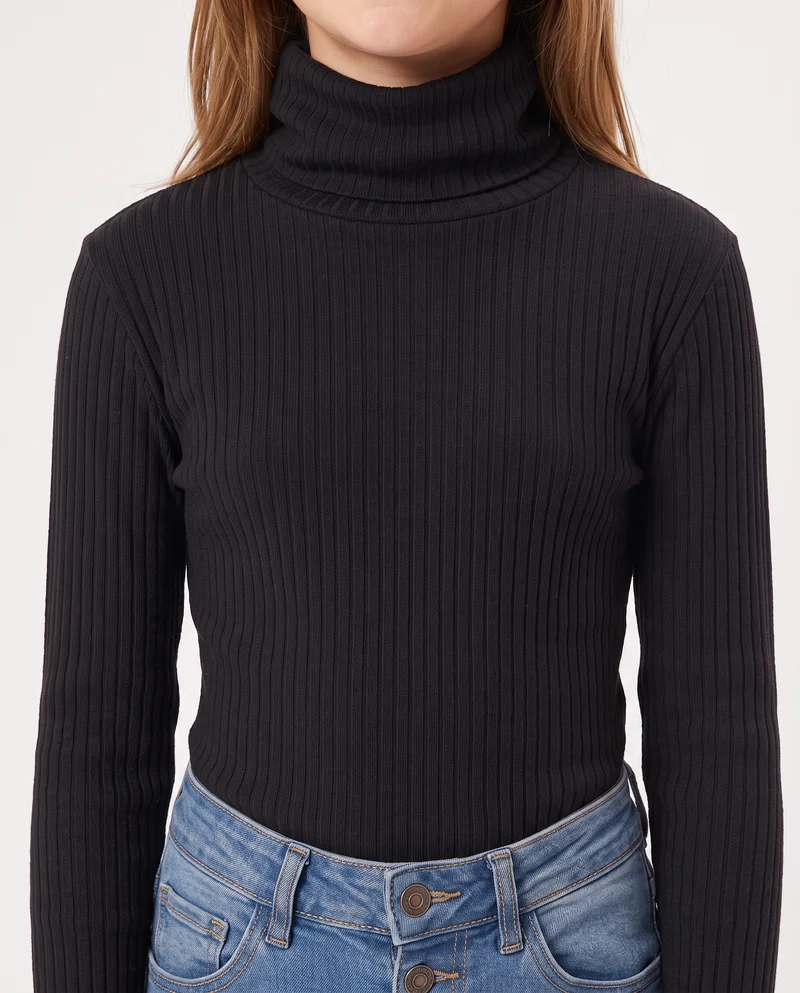 Maglia collo alto per bambina in costina - Nero