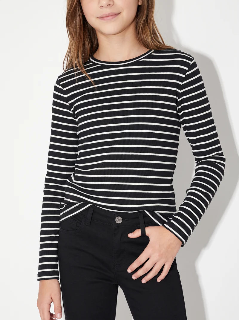 T-shirt manica lunga rigata in cotone - Nero-bianco