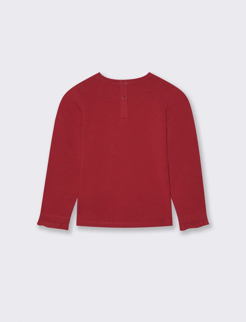 T-shirt a manica lunga con stampa e balza - Bordeaux
