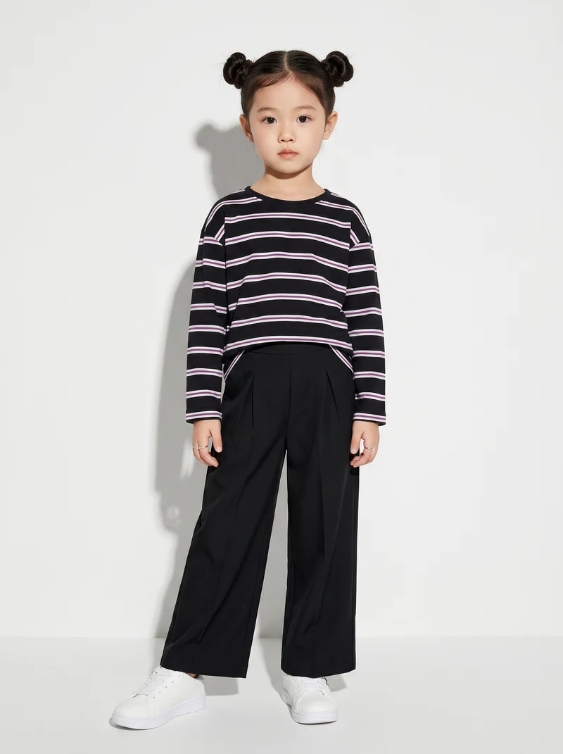 T-shirt a righe manica lunga da bambina - Nero