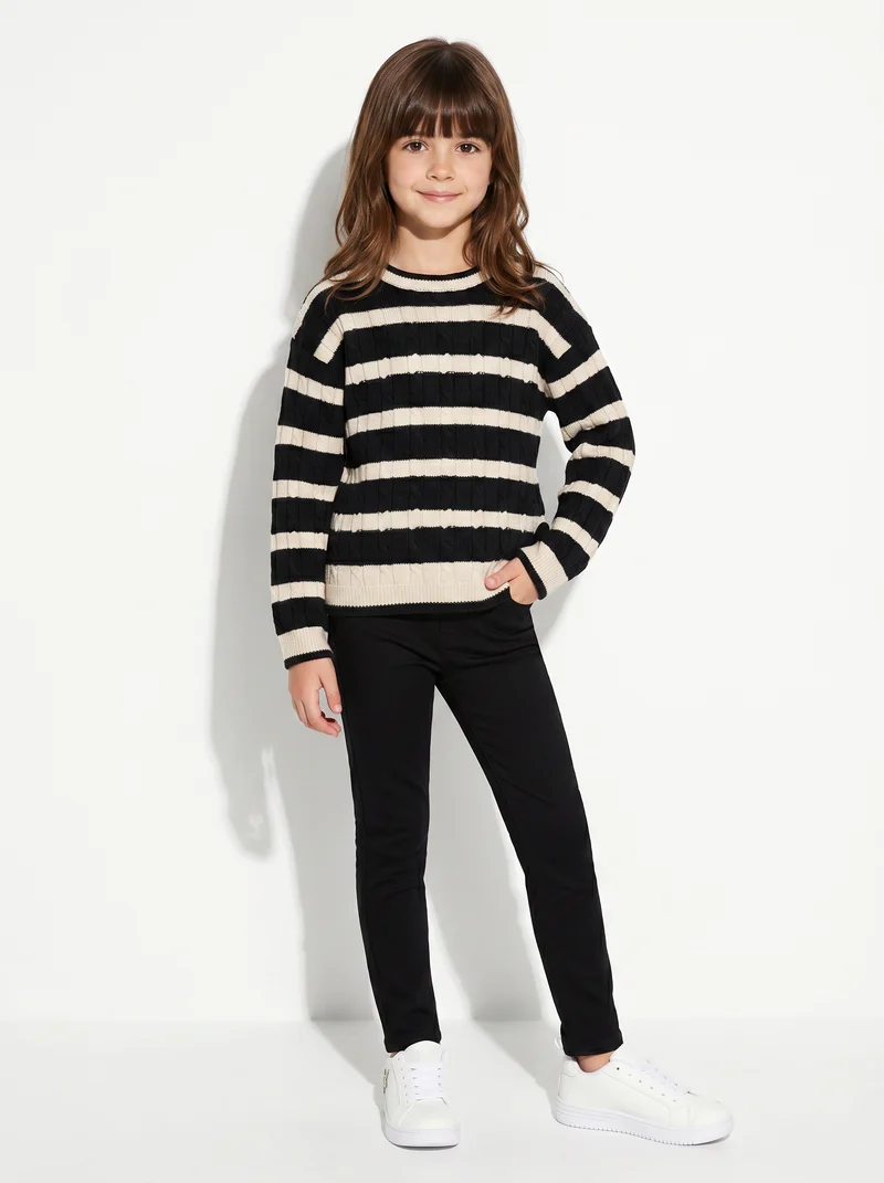 Maglione a righe con trecce verticali - Beige-nero