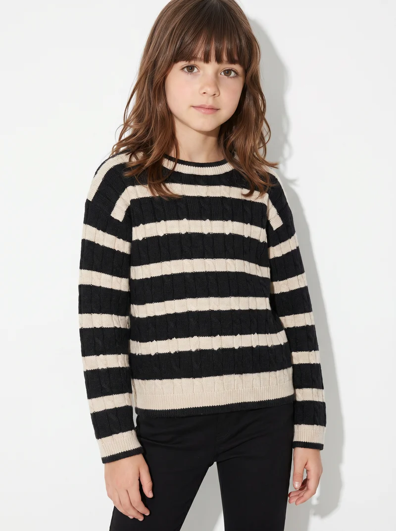 Maglione a righe con trecce verticali - Beige-nero