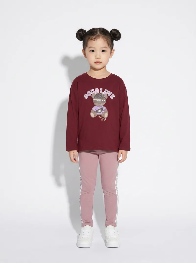 Leggings in cotone con banda lurex laterale - Rosa polvere