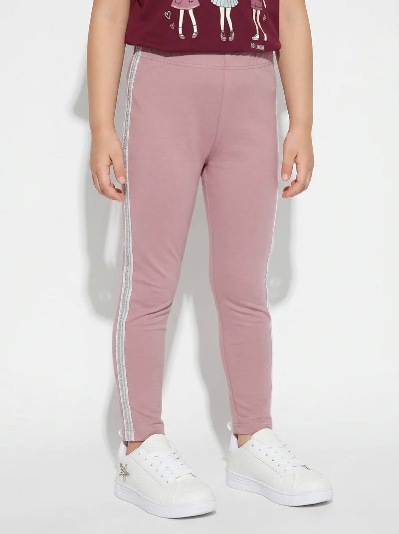 Leggings in cotone con banda lurex laterale - Rosa polvere
