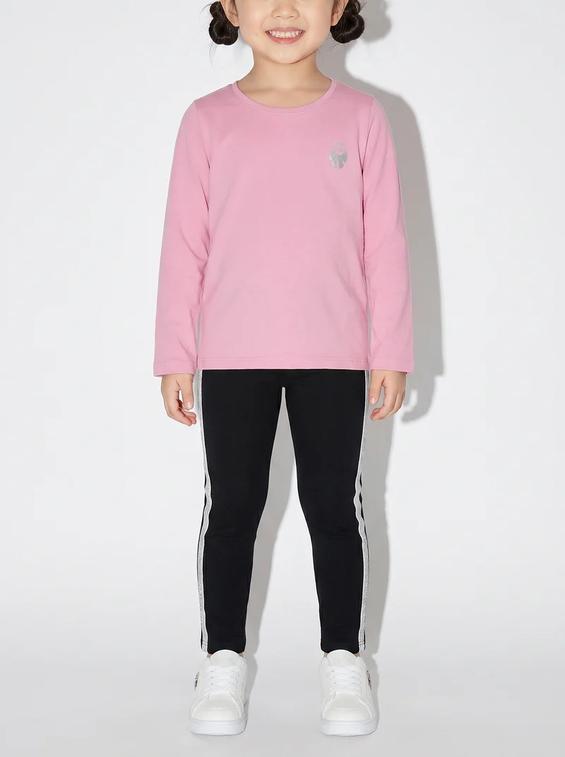Leggings in cotone con banda lurex laterale - Nero