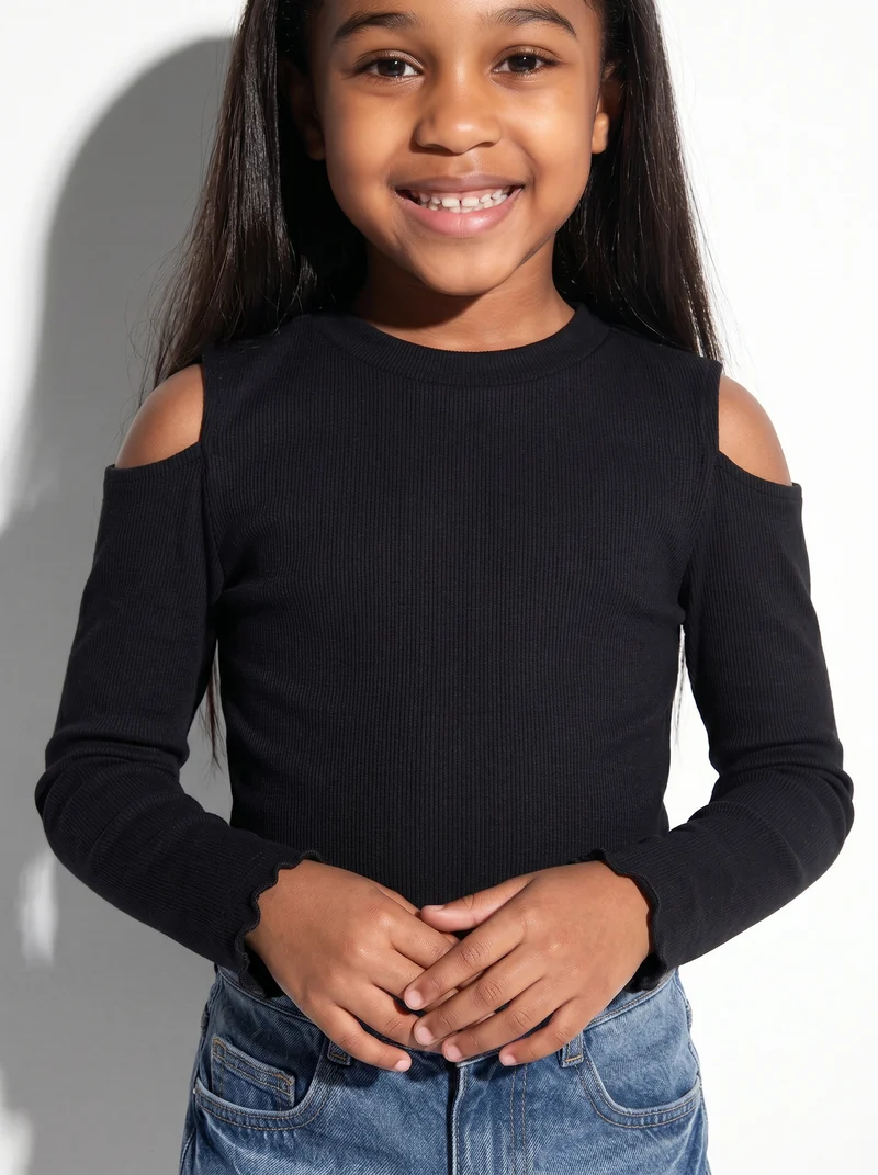 T-shirt manica lunga costina bambina - Nero