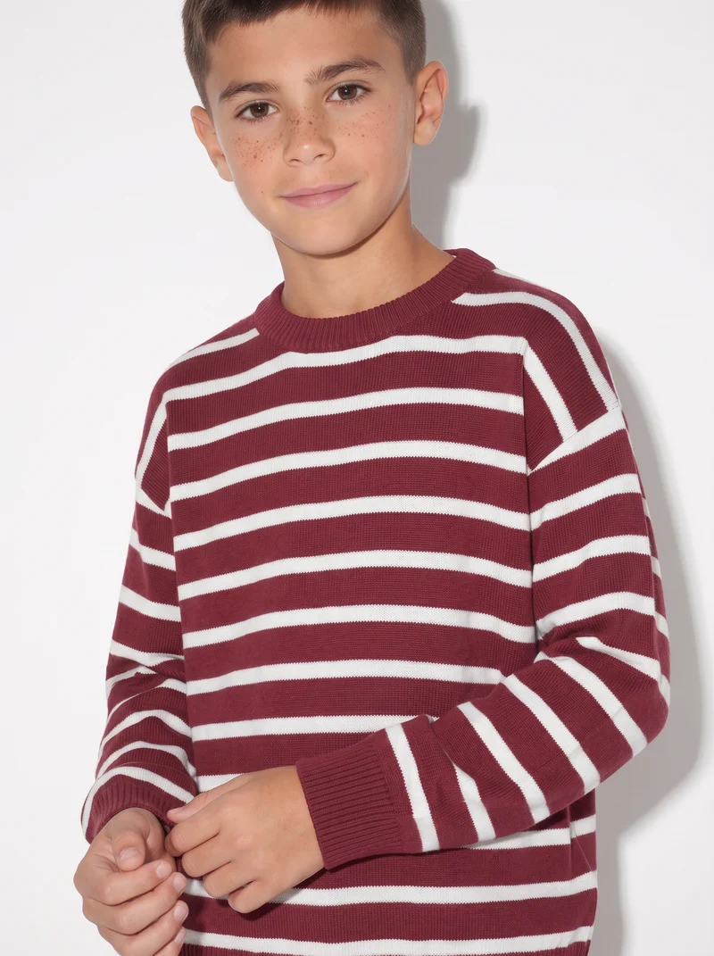 Maglia tricot rigata girocollo e maniche - Bordeaux
