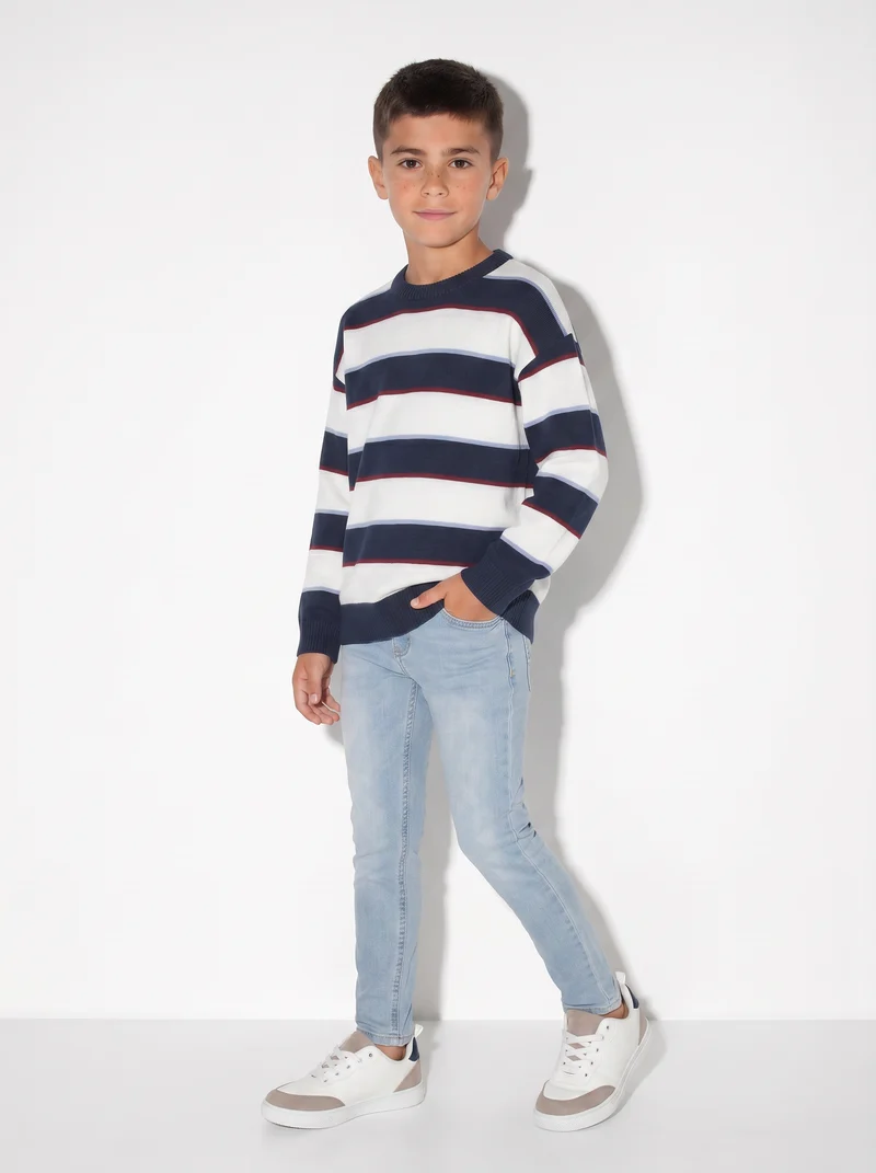 Maglia tricot rigata girocollo e maniche - Blu