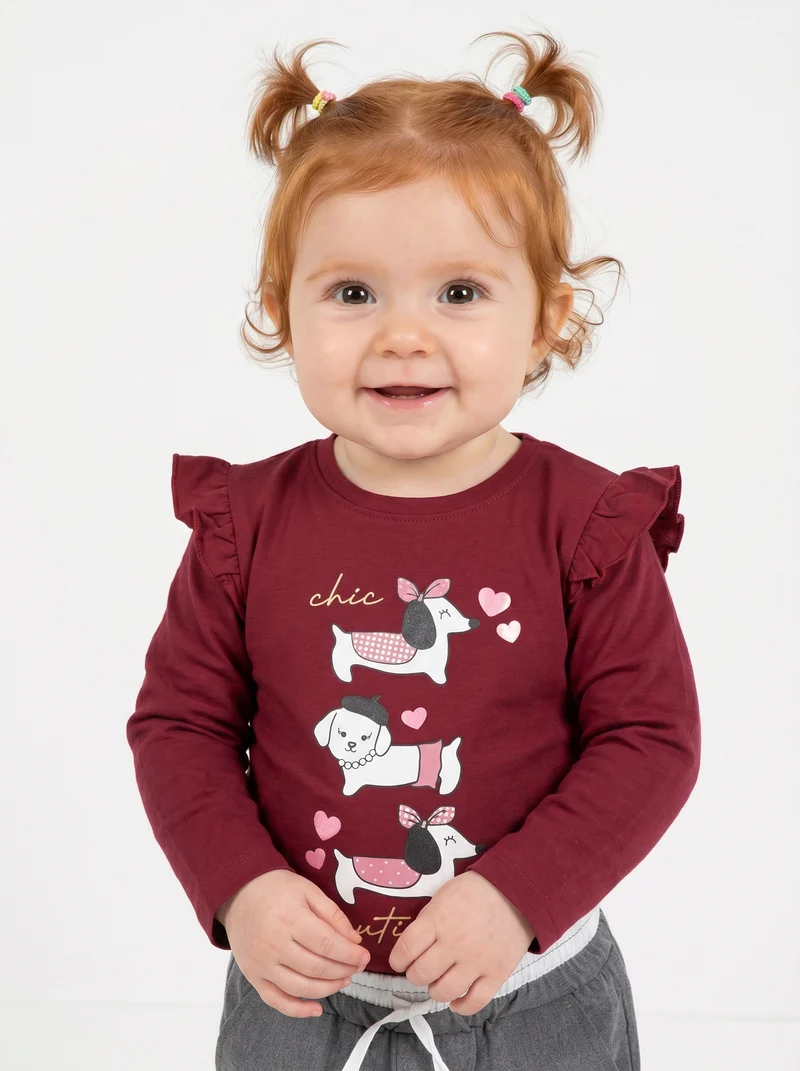 T-shirt a manica lunga con volant e stampa - Bordeaux