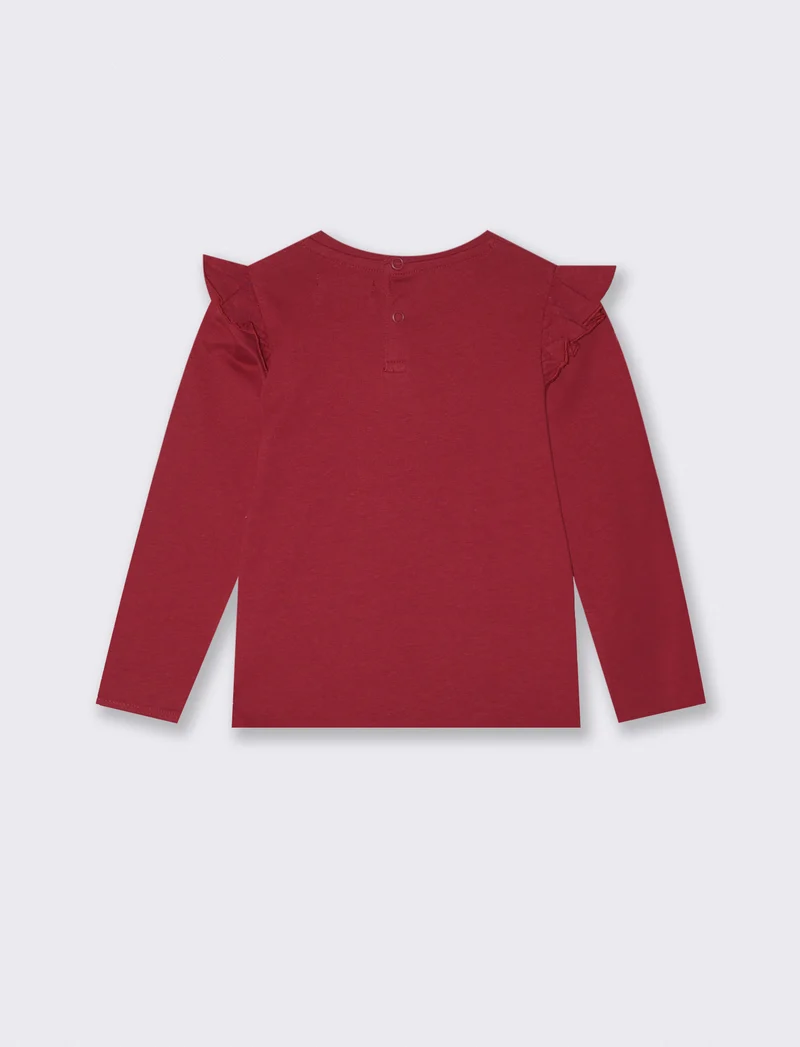 T-shirt a manica lunga con volant e stampa - Bordeaux