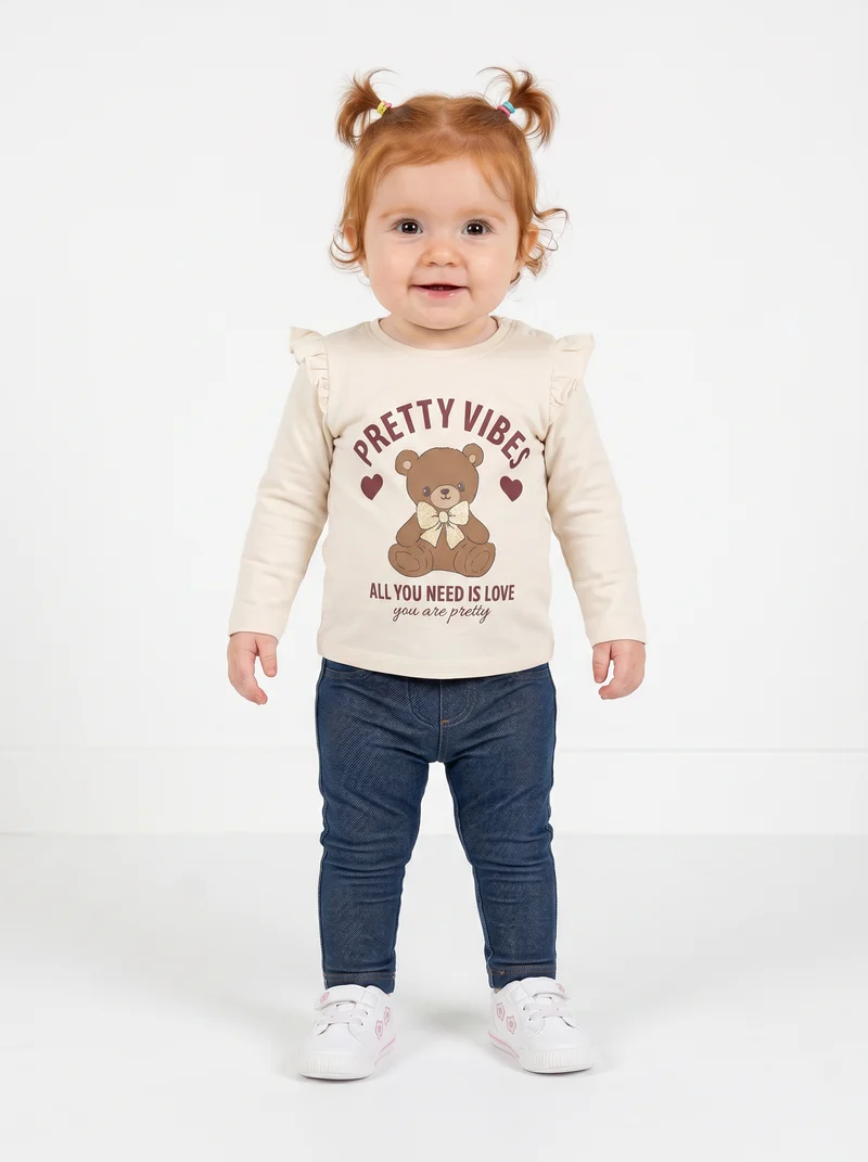 T-shirt a manica lunga con volant e stampa - Beige