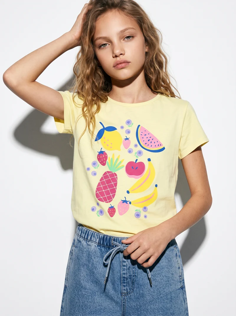 T-shirt estiva bambina con stampa lucida - Giallo