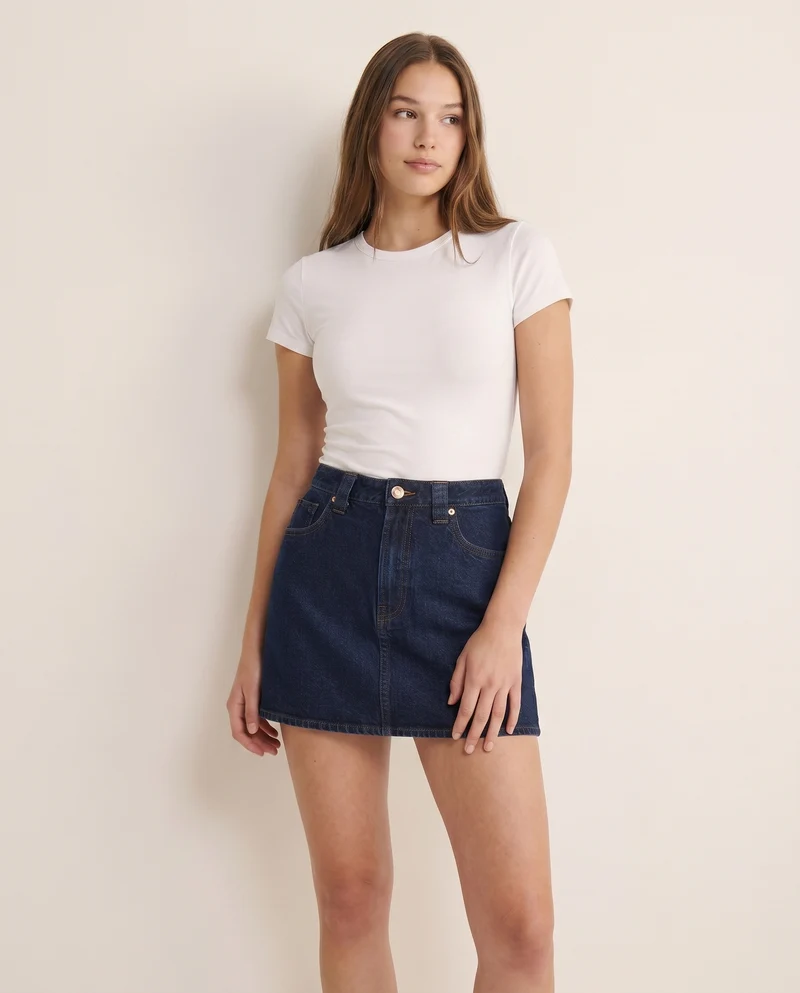 Gonna corta in denim con zip e bottoni - DENIM SCURO