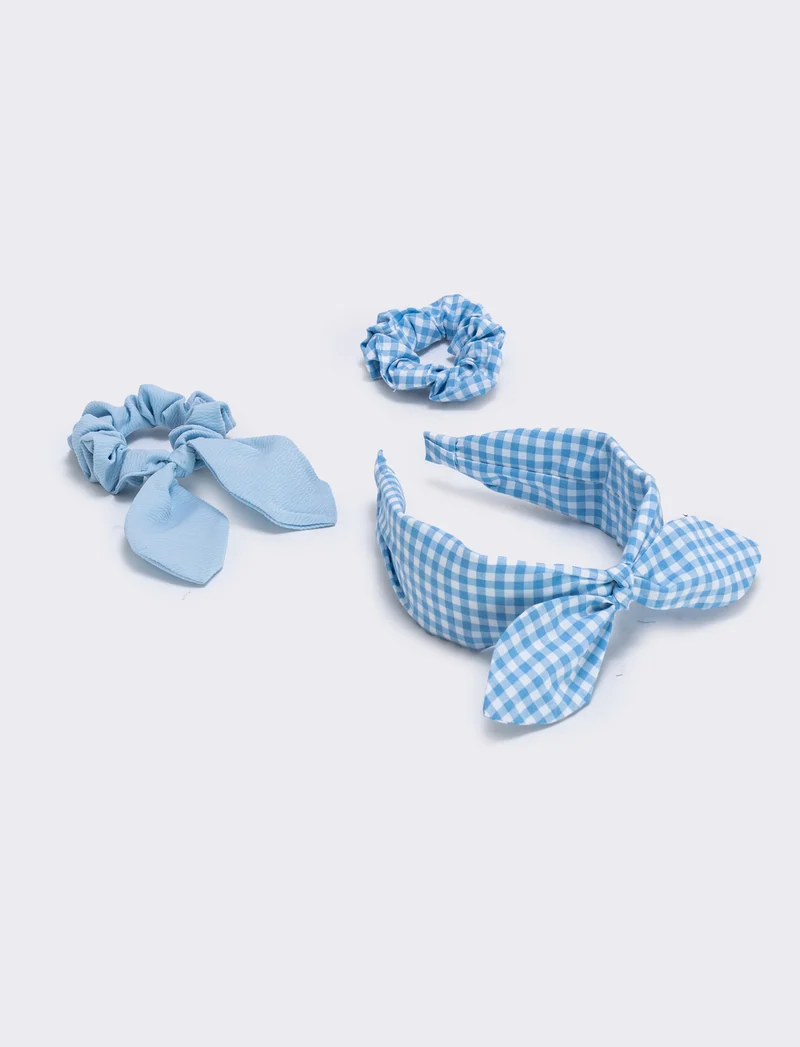 Set cerchietto e elastici vichy - Azzurro