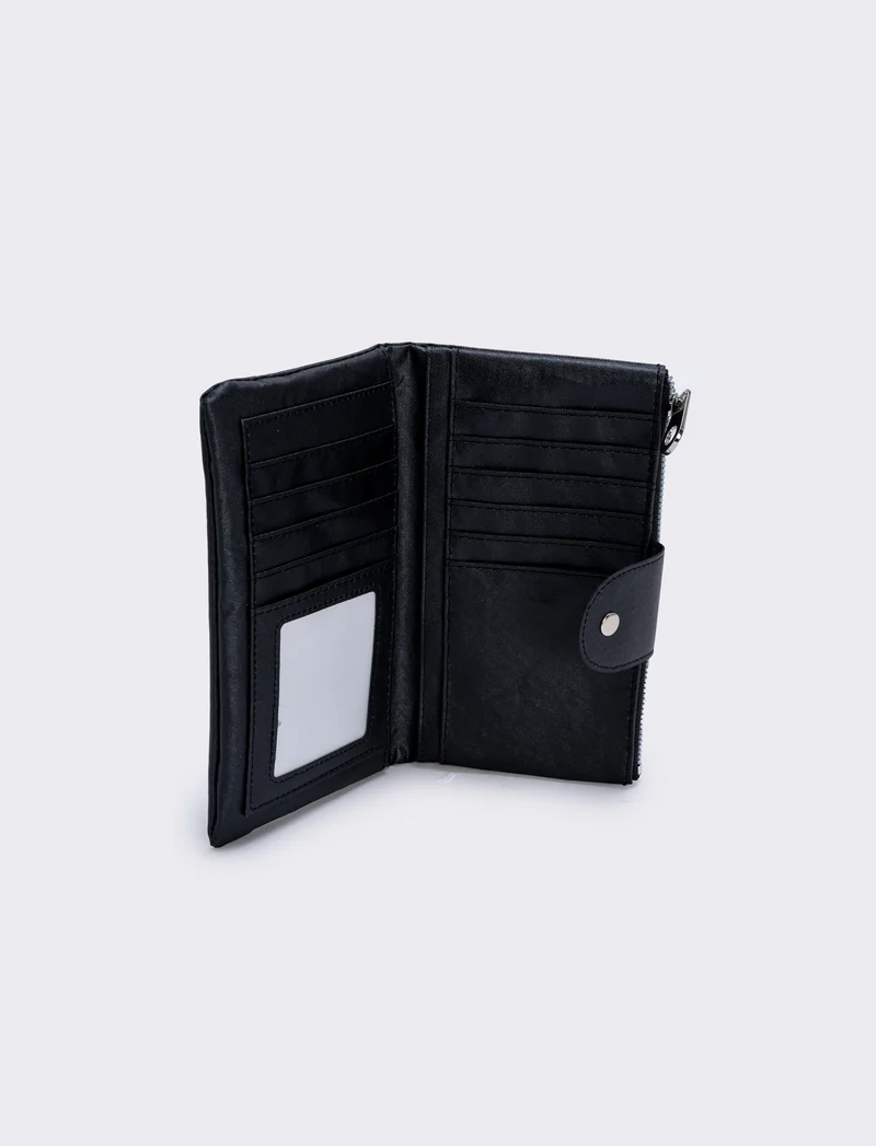 Portafogli grande con zip e bottone - Nero