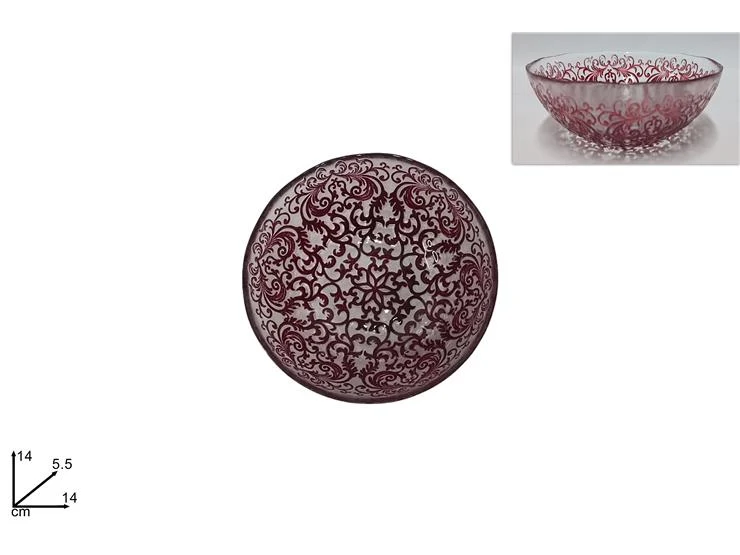 Ciotola vetro decoro damasco 14cm rosso