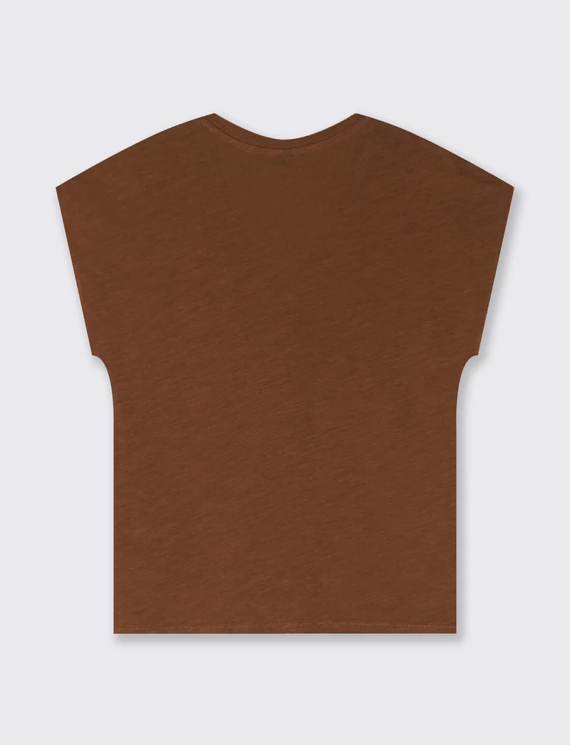 T-Shirt Basica in Cotone con Scollo a V - Marrone tabacco