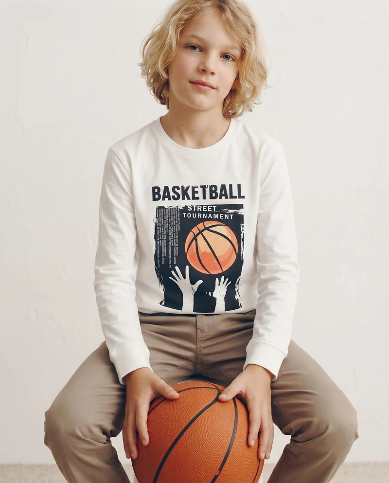 T-shirt maniche lunghe in cotone street - Bianco latte