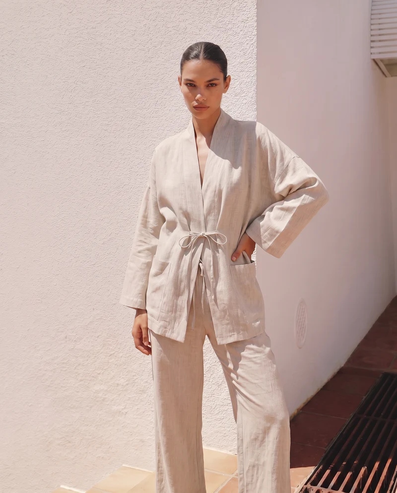 Giacca Kimono con Tasche Frontali - Beige grano