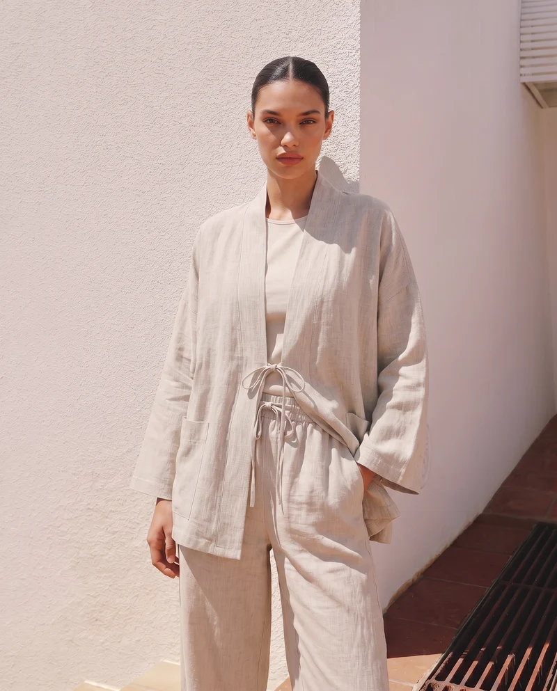 Giacca Kimono con Tasche Frontali - Beige grano