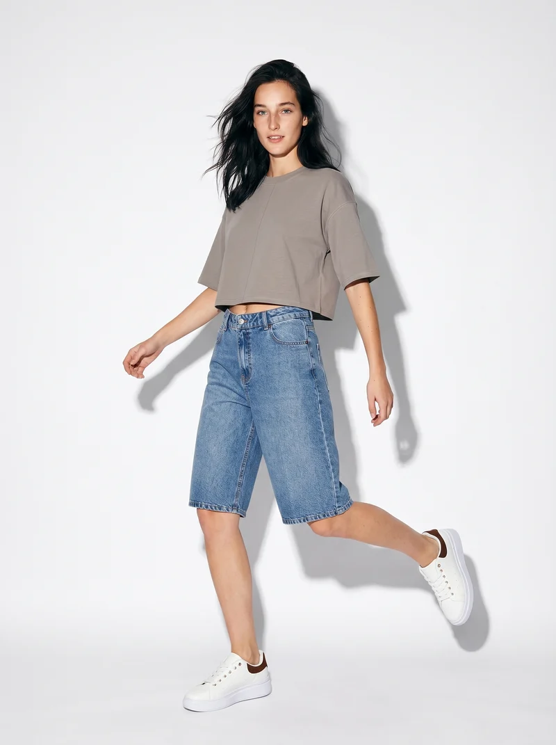 T-Shirt Crop in Cotone - Grigio