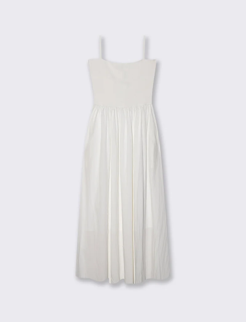Vestito lungo con corpetto a costine e tasche - Bianco