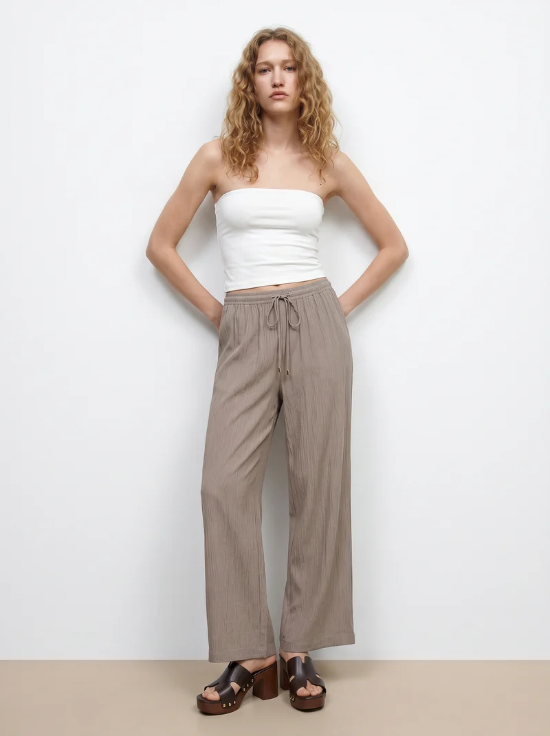 Pantalone Elastico Arricciato in Vita - Beige
