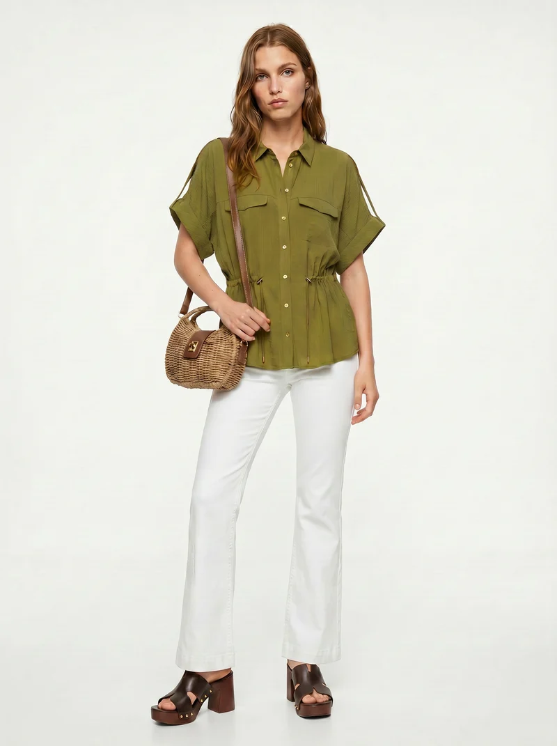 Camicia corta con coulisse e risvolto - Verde abete