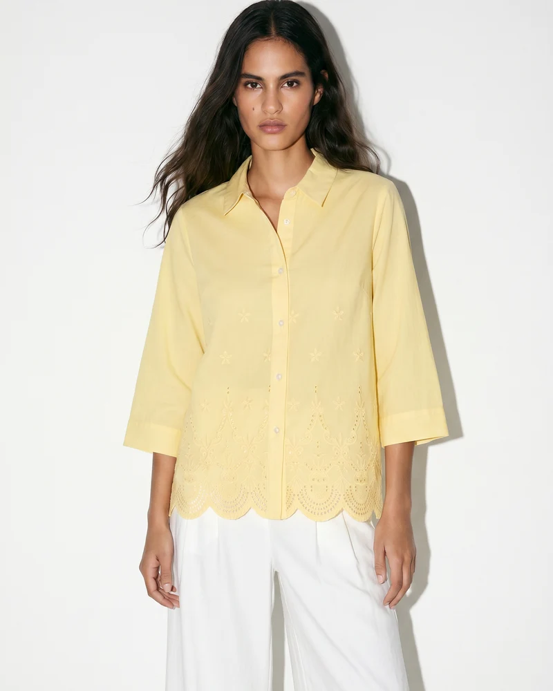Camicia in Cotone a Manica Tre Quarti - Giallo pastello